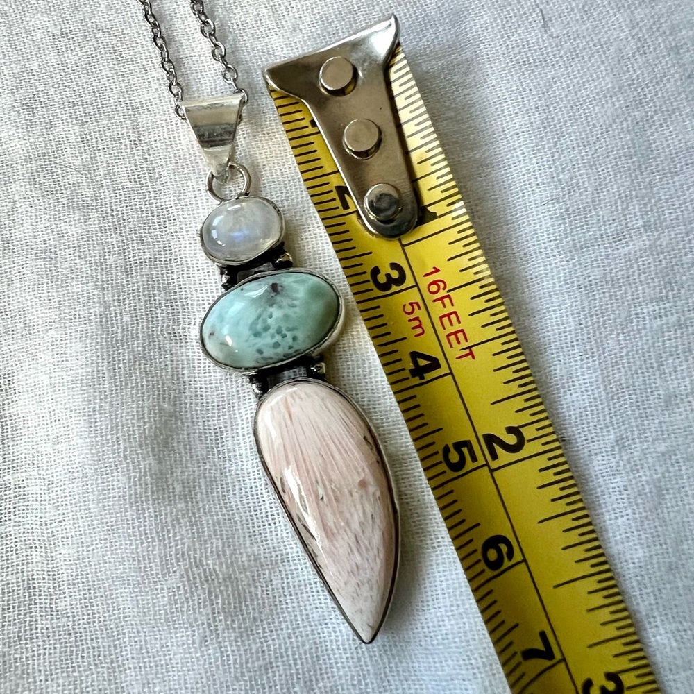 925 OMG Rainbow Flash Moonstone + Larimar + Scolecite! Pendant Necklace - Picture 3 of 8